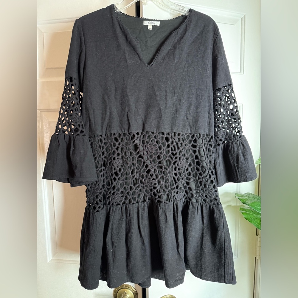 Black Crochet Babydoll Mini Dress Cover Up Sz M Boho Fairy Grunge Whimsigoth